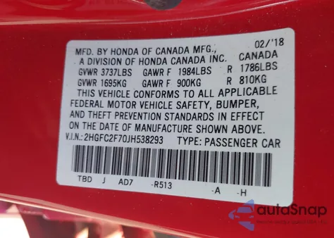 2018 Honda Civic Ex z USA, uszkodzony, nr VIN 2HGFC2F70JH538293